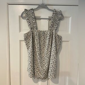 Floral Ruffle Strap Sleeveless Top – White & Black (Size XL)